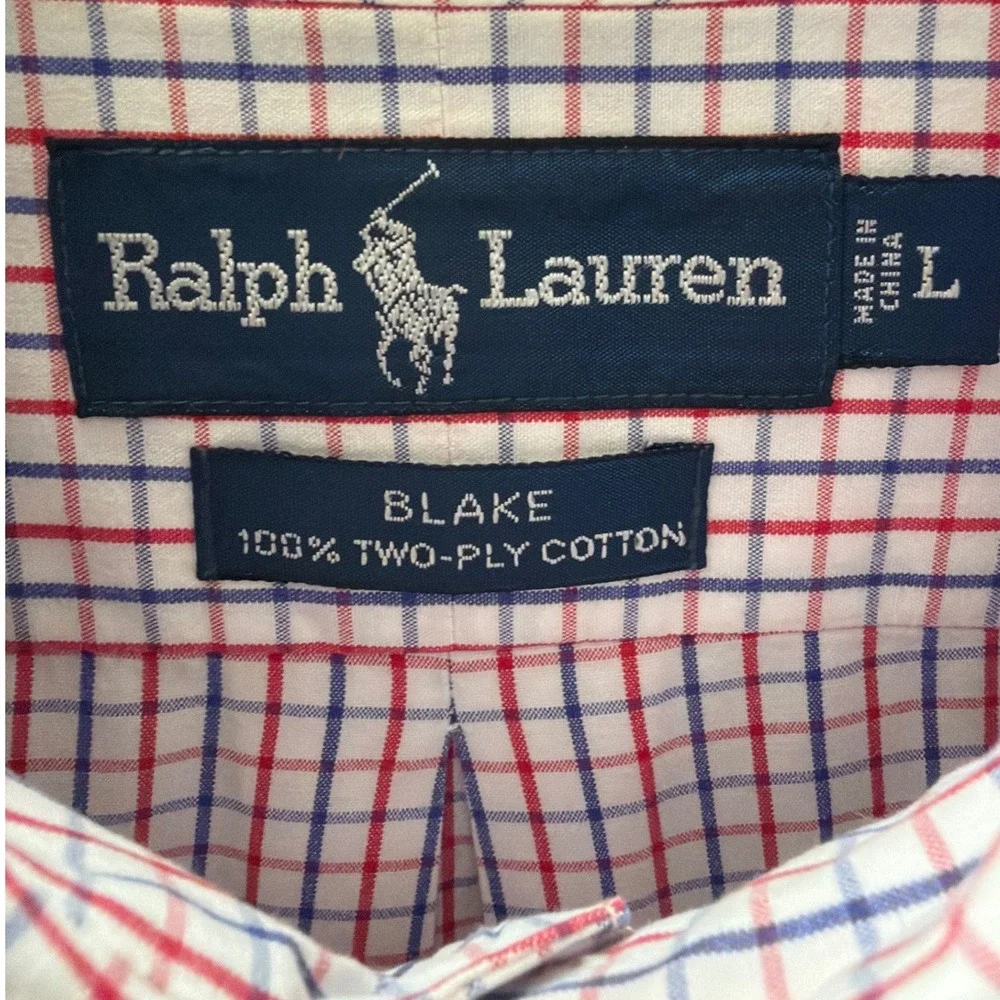 Ralph Lauren Blake Shirt Mens Large Red Blue Check Two-Ply Cotton Long Sleeve